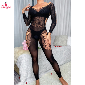 Fancyra Hot Black Mesh Long Sleeve Full Bodystocking Lingerie for Women
