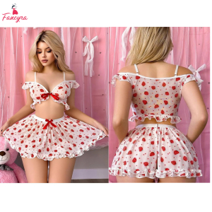Fancyra Hot Strawberry Print Off Shoulder Teddy Babydoll Crop Top and Mini Skirt with Thong For Women