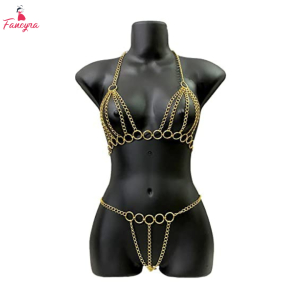 Fancyra Intimate Chained Honeymoon Lingerie Bra Panty Set Gold Plated Body Jewellery