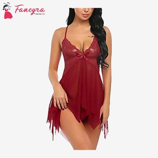 Fancyra Lace Baby Doll Lingerie Set V Neck Sheer With G-String Night Suit Free Size Maroon Color - Image 2