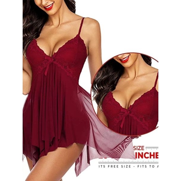 Fancyra Lace Baby Doll Lingerie Set V Neck Sheer With G-String Night Suit Free Size Maroon Color - Image 3