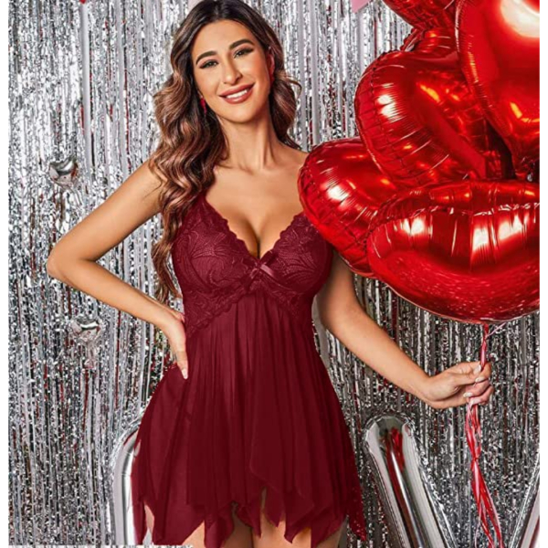 Fancyra Lace Baby Doll Lingerie Set V Neck Sheer With G-String Night Suit Free Size Maroon Color - Image 4