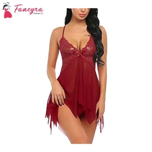 Fancyra Lace Baby Doll Lingerie Set V Neck Sheer With G-String Night Suit Free Size Maroon Color