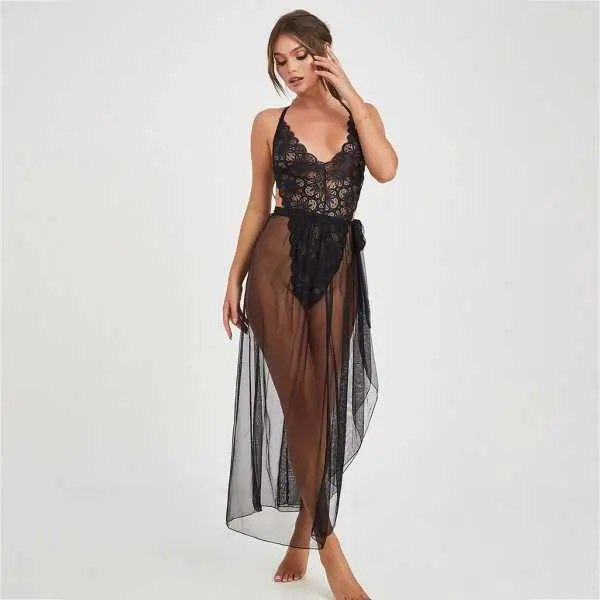 Fancyra Lace Babydoll Lingerie Long Gown V Neck Mesh Sleepwear Free Size Black Color - Image 2