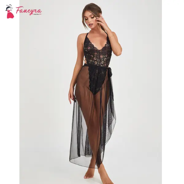Fancyra Lace Babydoll Lingerie Long Gown V Neck Mesh Sleepwear Free Size Black Color - Image 4
