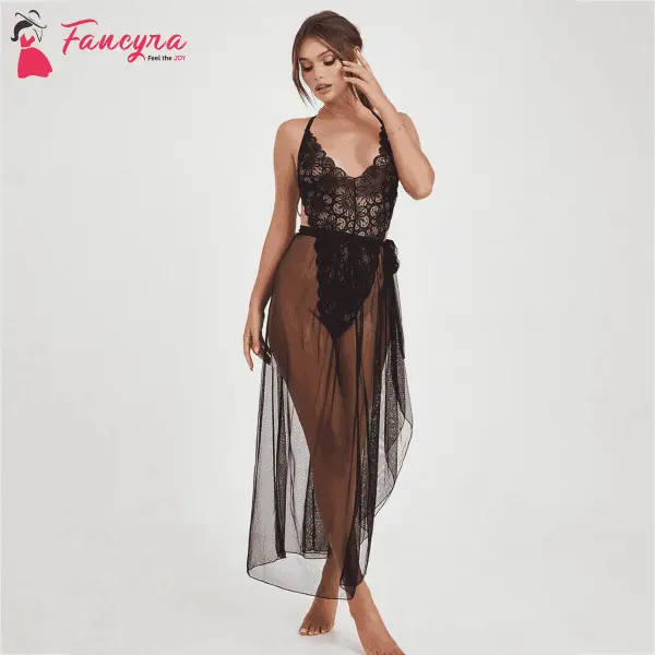 Fancyra Lace Babydoll Lingerie Long Gown V Neck Mesh Sleepwear Free Size Black Color