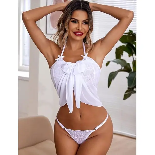 Fancyra Lace Babydoll Set with Bow Detail and Wrap Skirt - Elegant Nightwear Lingerie 3-Piece - Image 4