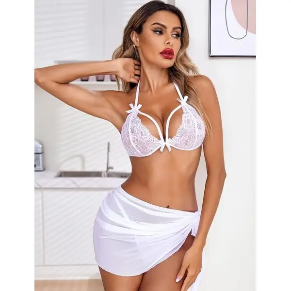 Fancyra Lace Babydoll Set with Bow Detail and Wrap Skirt - Elegant Nightwear Lingerie 3-Piece - Image 5