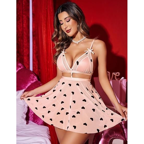 Fancyra Lace Babydoll V Neck Teddy Open Back Lingerie Mesh Nightdress For Women - Image 2