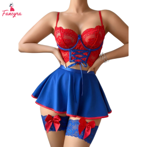 Fancyra Lace Corset Bustier Lingerie Set with Mini Skirt and Thigh Garters Red Blue Women's Intimate Apparel