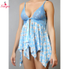 Fancyra Lace Front hook Babydoll Lingerie with Daisy Floral Print Light Blue Nightdress For Women