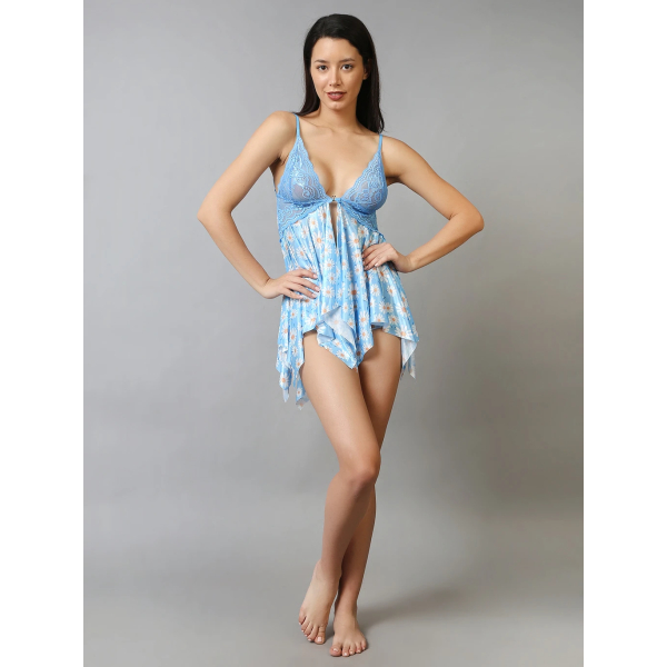 Fancyra Lace Front hook Babydoll Lingerie with Daisy Floral Print Light Blue Nightdress For Women - Image 4