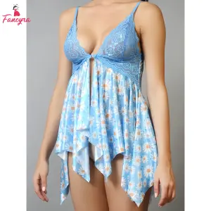 Fancyra Lace Front hook Babydoll Lingerie with Daisy Floral Print Light Blue Nightdress For Women