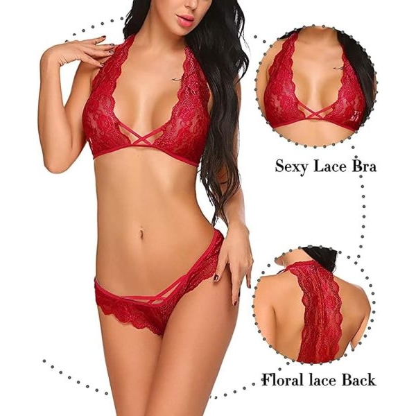 Fancyra Lace Lingerie Set for Women Transparent Bra & Panty Set Criss-Cross Halter Bralette Fancy Nightwear & Intimate Wear - Image 3