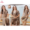 Fancyra Light Brown Satin 3 Piece Combo Nightwear for Women - Long Outer Robe Nightgown & Pajama Set