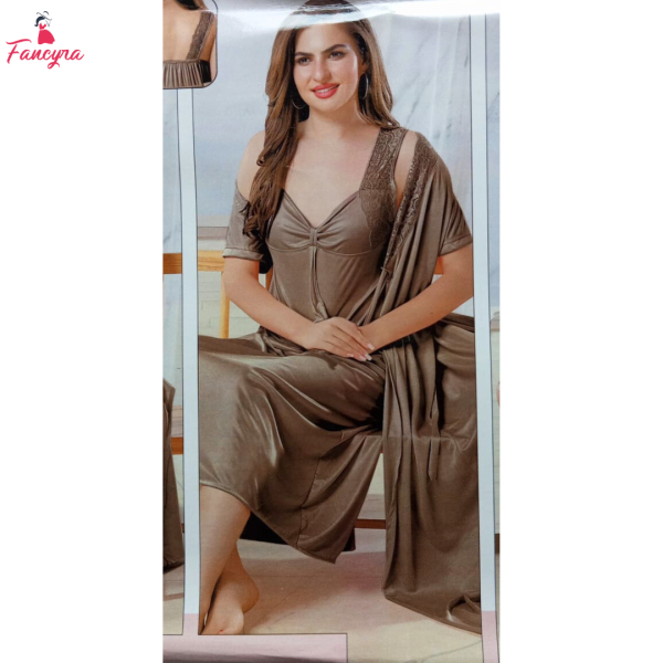Fancyra Light Brown Satin 3 Piece Combo Nightwear for Women - Long Outer Robe Nightgown & Pajama Set - Image 5