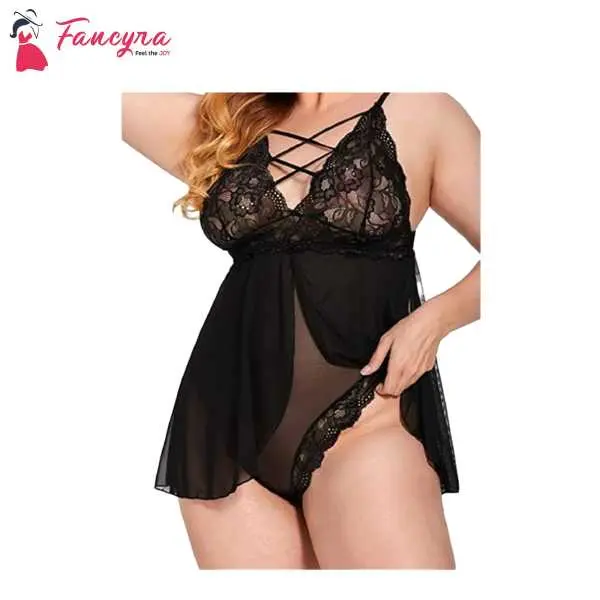 Fancyra Lingerie Babydoll Double Layer Elastic High Waist Teddy Chemise Suspender Floral Lace Nightdress For Women Free Size - Image 2