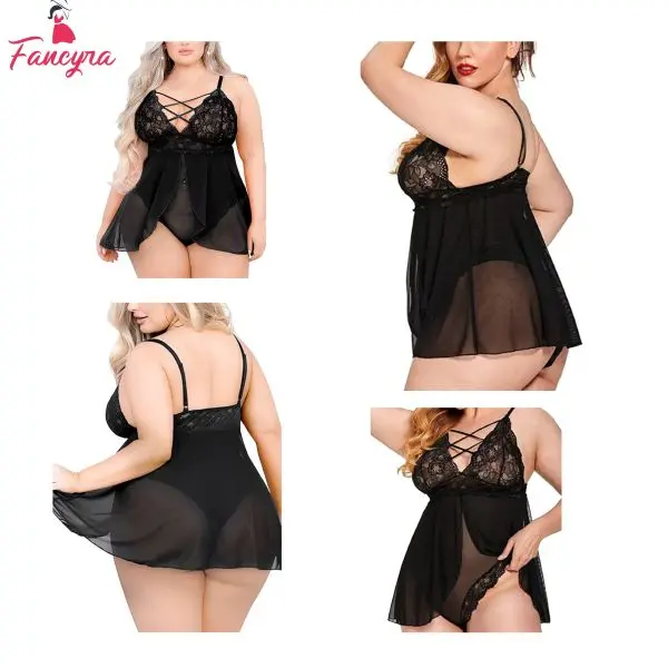 Fancyra Lingerie Babydoll Double Layer Elastic High Waist Teddy Chemise Suspender Floral Lace Nightdress For Women Free Size