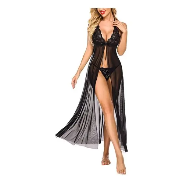 Fancyra Lingerie Lace Babydoll High Split Maxi Long Gown Dress With G String Panty Free Size Black Color - Image 2