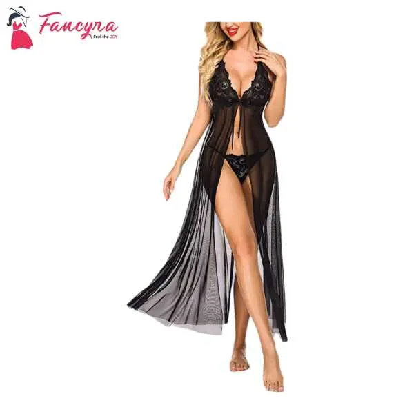 Fancyra Lingerie Lace Babydoll High Split Maxi Long Gown Dress With G String Panty Free Size Black Color