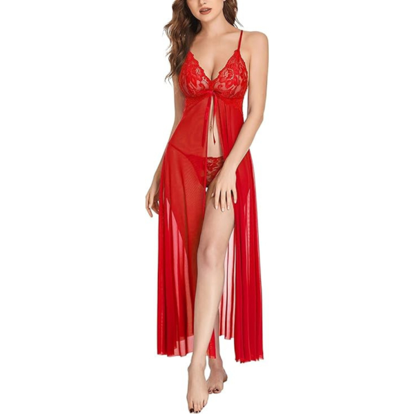 Fancyra Lingerie Lace Babydoll High Split Maxi Long Gown Nightwear For Women - Image 3