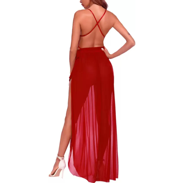 Fancyra Lingerie Lace Babydoll High Split Maxi Long Gown V Neck Mesh Sleepwear For Women Free Size - Image 3