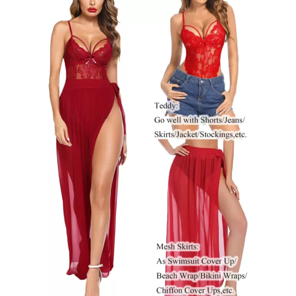 Fancyra Lingerie Lace Babydoll High Split Maxi Long Gown V Neck Mesh Sleepwear For Women Free Size - Image 4