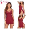 Fancyra Lingerie Lace Chemise Nightgown Babydoll Side Slit Sleepwear Free Size Wine Red Color For Women