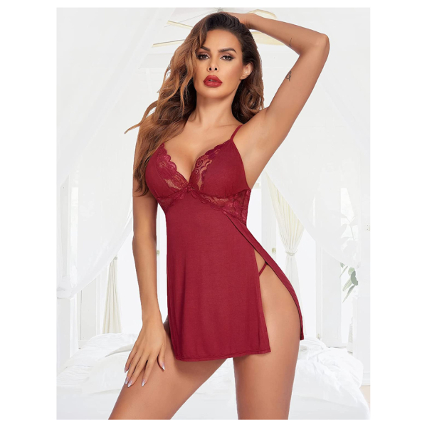 Fancyra Lingerie Lace Chemise Nightgown Babydoll Side Slit Sleepwear Free Size Wine Red Color For Women - Image 3