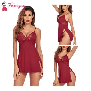 Fancyra Lingerie Lace Chemise Nightgown Babydoll Side Slit Sleepwear Free Size Wine Red Color For Women