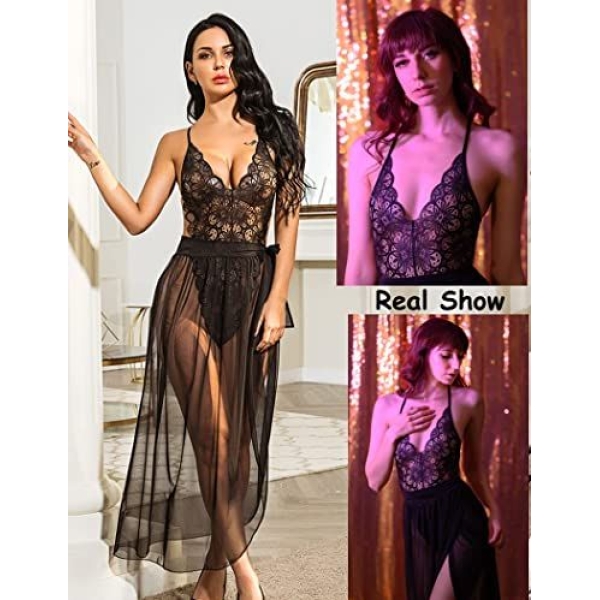 Fancyra Lingerie Lace Combo Babydoll High Split Maxi Long Gown V Neck Mesh Sleepwear For Women Free Size - Image 2