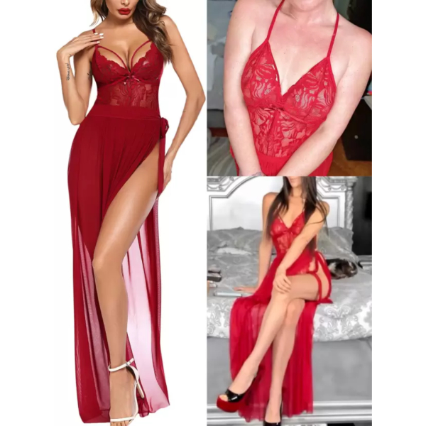 Fancyra Lingerie Lace Combo Babydoll High Split Maxi Long Gown V Neck Mesh Sleepwear For Women Free Size - Image 3
