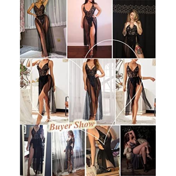 Fancyra Lingerie Lace Combo Babydoll High Split Maxi Long Gown V Neck Mesh Sleepwear For Women Free Size - Image 4