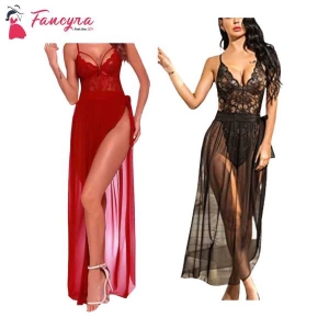 Fancyra Lingerie Lace Combo Babydoll High Split Maxi Long Gown V Neck Mesh Sleepwear For Women Free Size