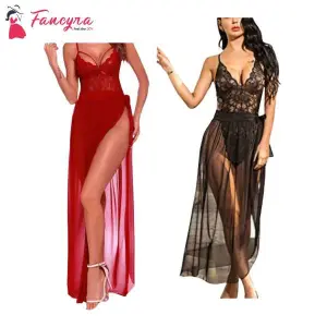 Fancyra Lingerie Lace Combo Babydoll High Split Maxi Long Gown V Neck Mesh Sleepwear For Women Free Size