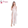 Fancyra Lingerie Nightwear Lace Babydoll V Neck Trim Mesh Split Thigh Long Gown Sheer Dress For Women Free Size