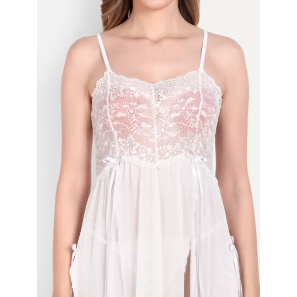 Fancyra Lingerie Nightwear Lace Babydoll V Neck Trim Mesh Split Thigh Long Gown Sheer Dress For Women Free Size - Image 3