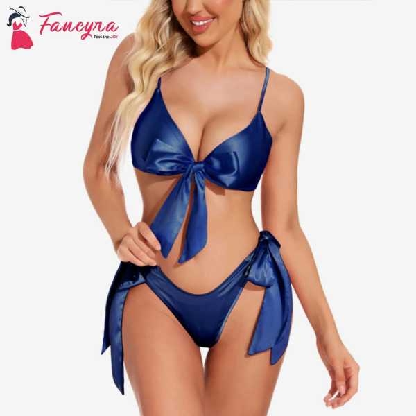 Fancyra Lingerie Satin Bow Tie Bra Panty Bikini Swimwear Set For Women - Image 2