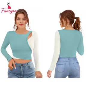 Fancyra Long Sleeve Casual Crop Top T-Shirt For Women
