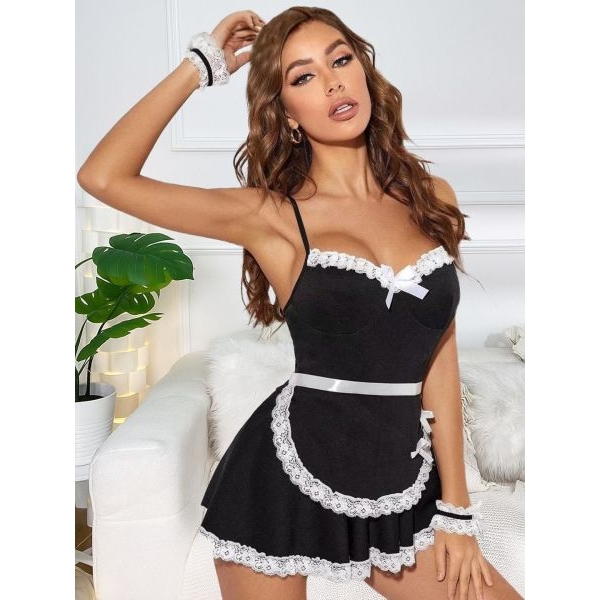 Fancyra Maid Costume Roleplay Solid Short Nightwear Baby Doll Lingerie for Women - Image 2