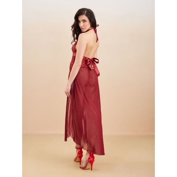 Fancyra Maroon Sheer Self Design Long Nightwear Baby Doll Lingerie For Women - Image 5