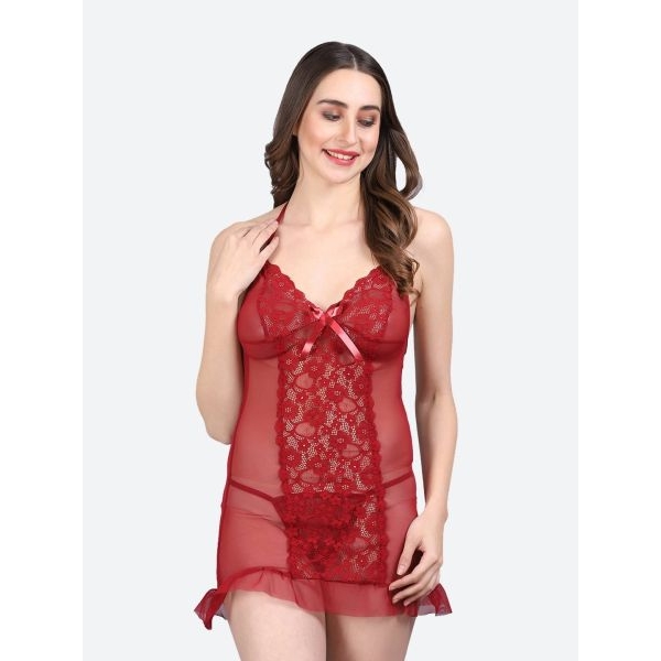 Fancyra Maroon Soft Net Transparent Baby Doll Lingerie Dress for Women - Image 2