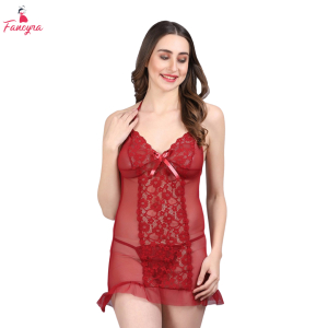 Fancyra Maroon Soft Net Transparent Baby Doll Lingerie Dress for Women