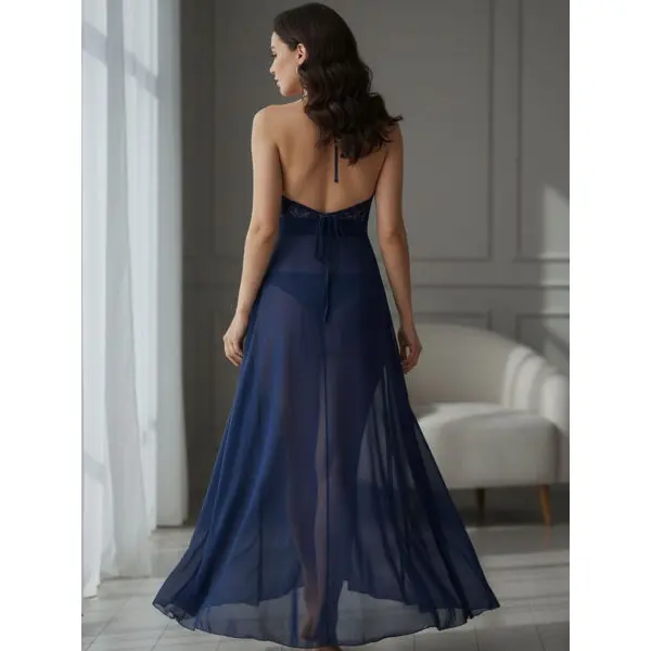 Fancyra Navy Blue Halter Neck Lace Sheer Maxi Night Dress for Women Long Nighty Lingerie Gown - Image 3