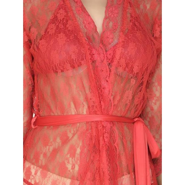 Fancyra Net Transparent Red Night Dress With Robe Free Size - Image 2
