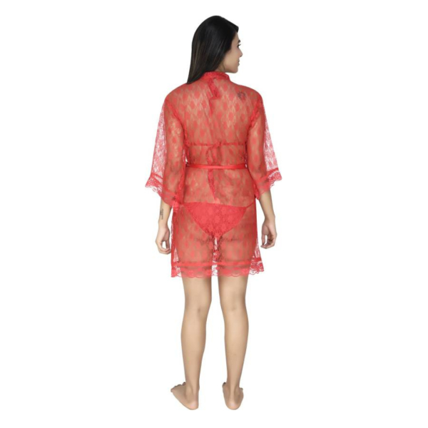 Fancyra Net Transparent Red Night Dress With Robe Free Size - Image 3