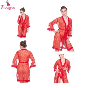 Fancyra Net Transparent Red Night Dress With Robe Free Size