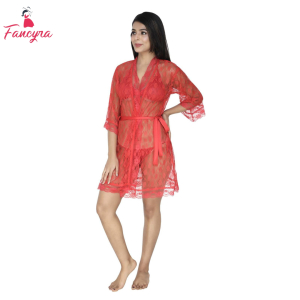 Fancyra Net Transparent Red Night Dress With Robe Free Size