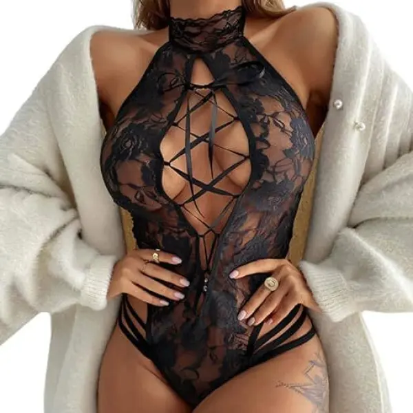 Fancyra New Elegant Lace Babydoll Bodysuit with High-Neck and Lace Detailing, Intimate One-Piece Lingerie - Image 4