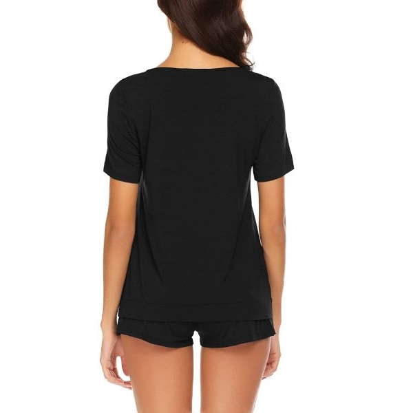 Fancyra New Elegant Women Black Sleepwear Set with Drawstring Closure, Short Sleeve Top & Lounge Shorts - Image 3